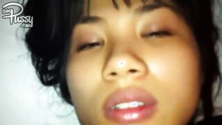 Beautiful young Asian girlfriend sucks dick and gets her hairy pussy fucked